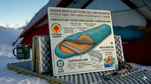 Illustration of a complete Canadian winter sleep system featuring a sleeping bag, thermal liner, and high R-value pad.