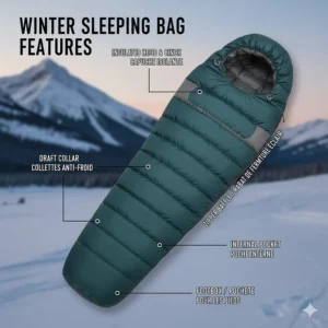Diagram of a winter mummy-style sac de couchage showing the draft collar and insulated hood designed for sub-zero temperatures.