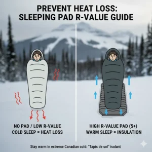 Illustration of a winter sleeping bag on a high R-value sleeping pad to prevent heat loss when camping on frozen ground or snow.