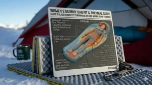An illustration showing the ergonomic mummy shape of a women's winter sleeping bag designed to trap heat efficiently.