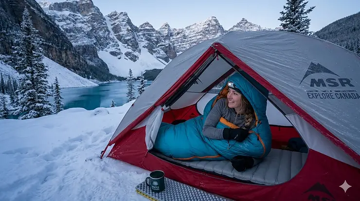 A woman stays warm in a high-performance women's winter sleeping bag while camping in the snowy Canadian Rockies.