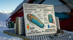 Illustration comparing a lofted women's winter sleeping bag to its compact size in a compression sack for backpacking.