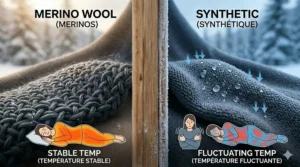 Graphic highlighting the natural odour-resistant benefits of merino wool thermal underwear for Canadian backcountry camping.