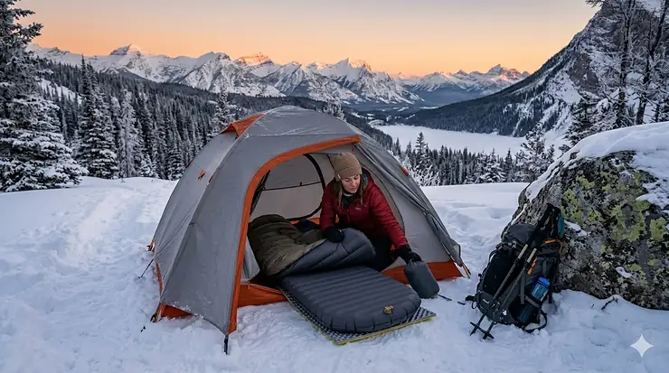 A hiker preparing a budget winter sleeping pad inside a tent during a snowy Canadian Rockies expedition.