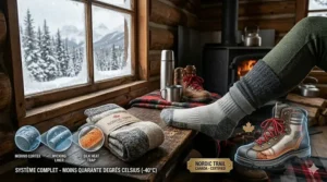 Stylized map of Canada with icons of winter camping socks over popular spots like Algonquin Park and the Rockies.