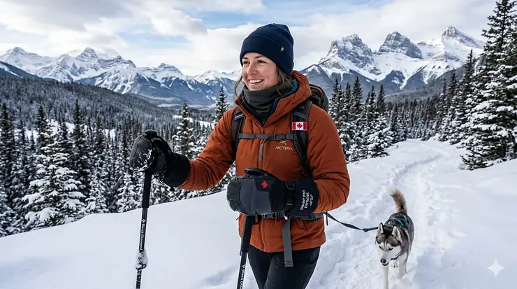 A person wearing heavy-duty winter mitts for extreme cold while trekking through a snowy Canadian Rocky Mountain landscape.