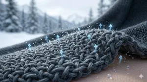 Illustration showing the moisture-wicking properties of women's merino wool long underwear for active outdoor use in Canada.