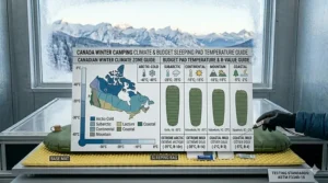 A bilingual English and French temperature guide matching Canadian climate zones to the correct budget winter sleeping pad R-value.