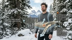 A technical guide featuring a hiker in a snowy forest with text overlays explaining the three-layer system, highlighting the merino wool base layer for moisture management and warmth.