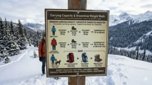An outdoor informational sign explaining snowshoe carrying capacity, showing how to calculate total load by adding body weight to heavy winter gear and backpacks.