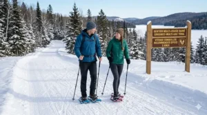 Two hikers walking on a wide, groomed multi-use trail in a Canadian provincial park, wearing compact 22-inch snowshoes designed for packed snow.