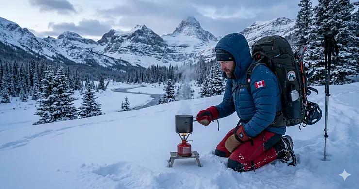 A compact winter backpacking stove boiling water in the deep snow of the Canadian Rockies during a cold-weather camping trip.