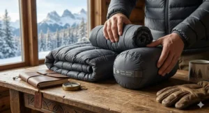 A lightweight down jacket compressed into a small pouch for winter travel in Canada.