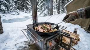A cast iron skillet on a winter camping stove preparing a meal at a snowy Quebec campsite.