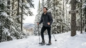 A man snowshoeing on a trail in a dense, snow-covered forest in Mont-Tremblant, Quebec, with a bilingual "Snowshoe Trail" sign visible in the background.