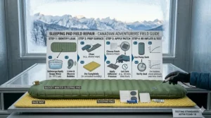 Step-by-step illustration of using a repair kit on an inflatable budget winter sleeping pad in freezing outdoor conditions.
