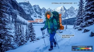 Technical diagram showing heat retention of a down jacket for winter camping in sub-zero temperatures.