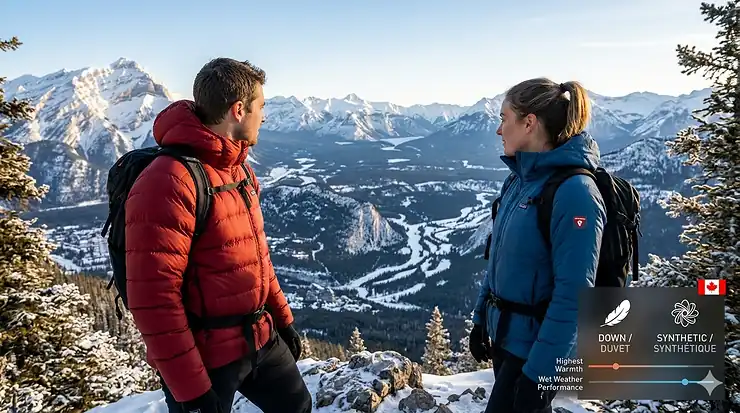 A comparison of down vs synthetic insulated jackets for winter worn by hikers overlooking a snowy Canadian mountain range.