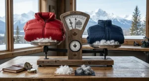 A visual scale comparing the weight of down vs synthetic insulated jackets for winter backpacking.