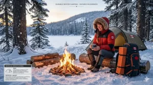 Illustration of a camper wearing a durable down jacket while setting up a winter campsite in an Ontario forest.