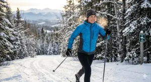 A person cross-country skiing in a breathable synthetic insulated jacket.