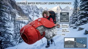 Illustration of DWR coating shedding wet snow from a winter camping down jacket.