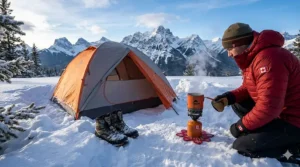 Technical illustration of a compact winter backpacking stove highlighting heat efficiency for Canadian winter temperatures.