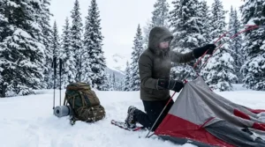 Illustration of a camper using heated gloves to set up a four-season tent in a snowy Canadian forest.