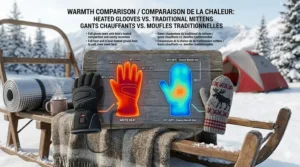 Heat map comparison chart showing the superior warmth of heated gloves for winter camping versus standard wool mittens.