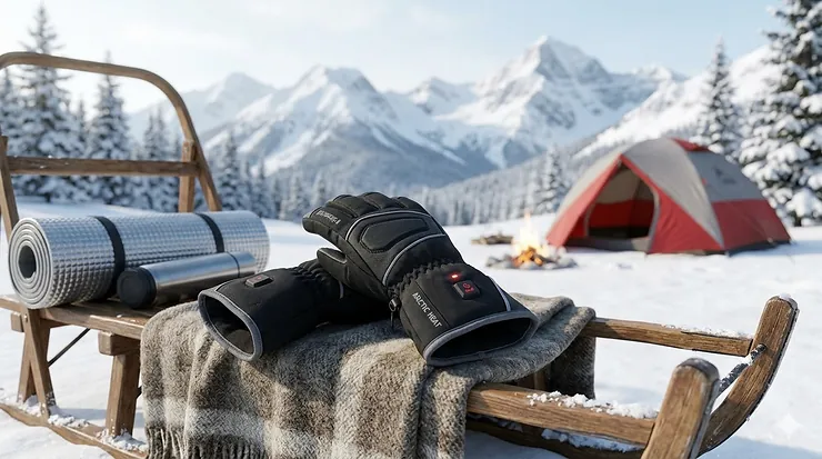 A pair of battery-operated heated gloves for winter camping resting on a wooden sled with the Canadian Rocky Mountains in the background.