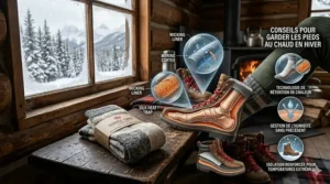 Infographic with tips on how to keep feet warm while winter camping in the Canadian wilderness, highlighting thick thermal socks.