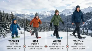 A visual guide showing four stages of growth from toddler to youth, detailing the specific snowshoe weight and length requirements for Canadian kids.