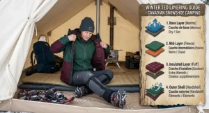 Illustration of proper winter layering for Canadian snowshoeing, from merino base layers to waterproof outer shells.