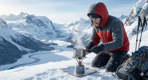 A compact canister winter camping stove boiling water for a hiker in the snow-covered Canadian Rockies.