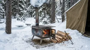 A liquid fuel stove placed on a wooden base plate to prevent melting into deep snow, labeled in English and French.