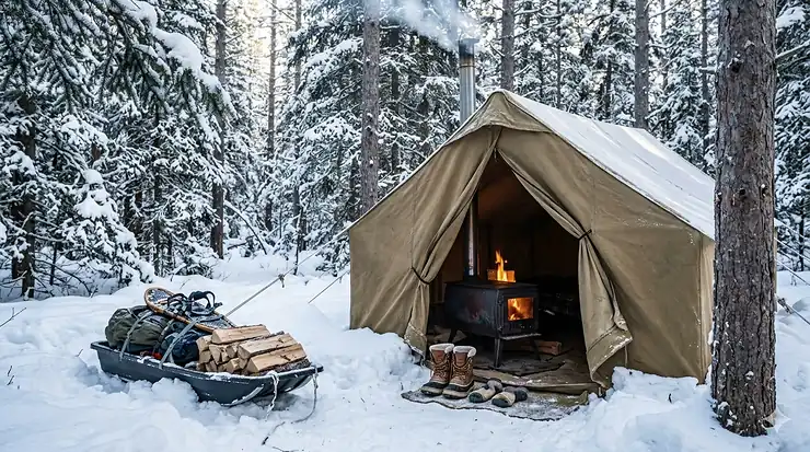 A person using a liquid fuel stove for winter camping in the Canadian Rockies during a snowy sunset.