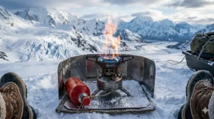 A multi-fuel winter camping stove performing in sub-zero temperatures, ideal for high-altitude Canadian winter treks.
