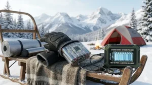 Illustration of a high-capacity battery pack for heated camping gloves, ideal for multi-day Canadian winter trips.