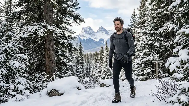 A man wearing a grey merino wool base layer and leggings hikes on a snowy trail in Banff National Park, Alberta, with the Rocky Mountains in the background.