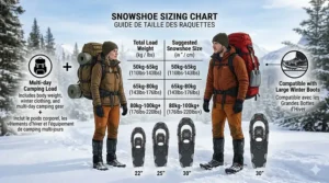 A size guide for choosing snowshoes for winter camping based on total weight including a multi-day pack.