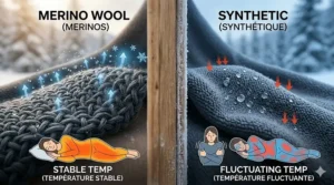 Comparison chart of merino wool versus synthetic base layers showing stable temperature regulation for Canadian winters.