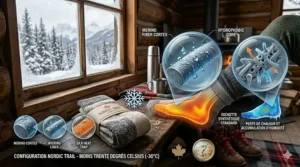 Comparative illustration of merino wool and synthetic blends used in high-quality winter camping socks for extreme cold.