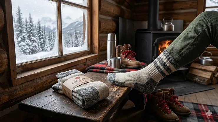 A pair of thick merino wool winter camping socks warming by a wood-burning stove in a snowy Canadian backcountry cabin.