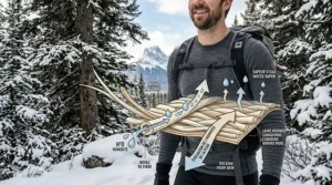 Technical illustration of fine merino wool fibers actively wicking moisture droplets away from the skin, demonstrating high breathability and moisture management in cold Canadian winter conditions.