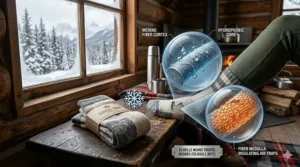 Technical diagram of breathable fabric fibers in winter camping socks pulling moisture away from the skin to prevent frostbite.
