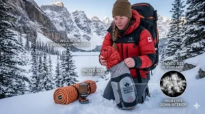 Illustration of a lightweight down jacket compressed into a small stuff sack for backcountry winter camping.