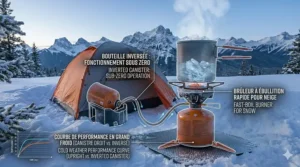 A compact winter backpacking stove folded down to show its lightweight, portable size for long-distance Canadian winter trekking.