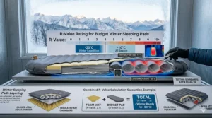 A technical diagram explaining R-value ratings for budget winter sleeping pads suitable for -20°C Canadian nights.