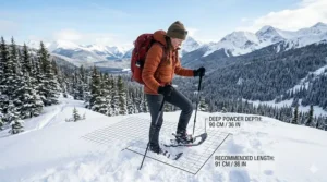 A photorealistic demonstration of a hiker on a deep snow slope with a digital grid overlay showing why 36-inch snowshoes are needed for maximum flotation.