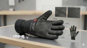 Close-up illustration of a reinforced leather palm on extreme cold mitts, ideal for shoveling snow or winter sports.